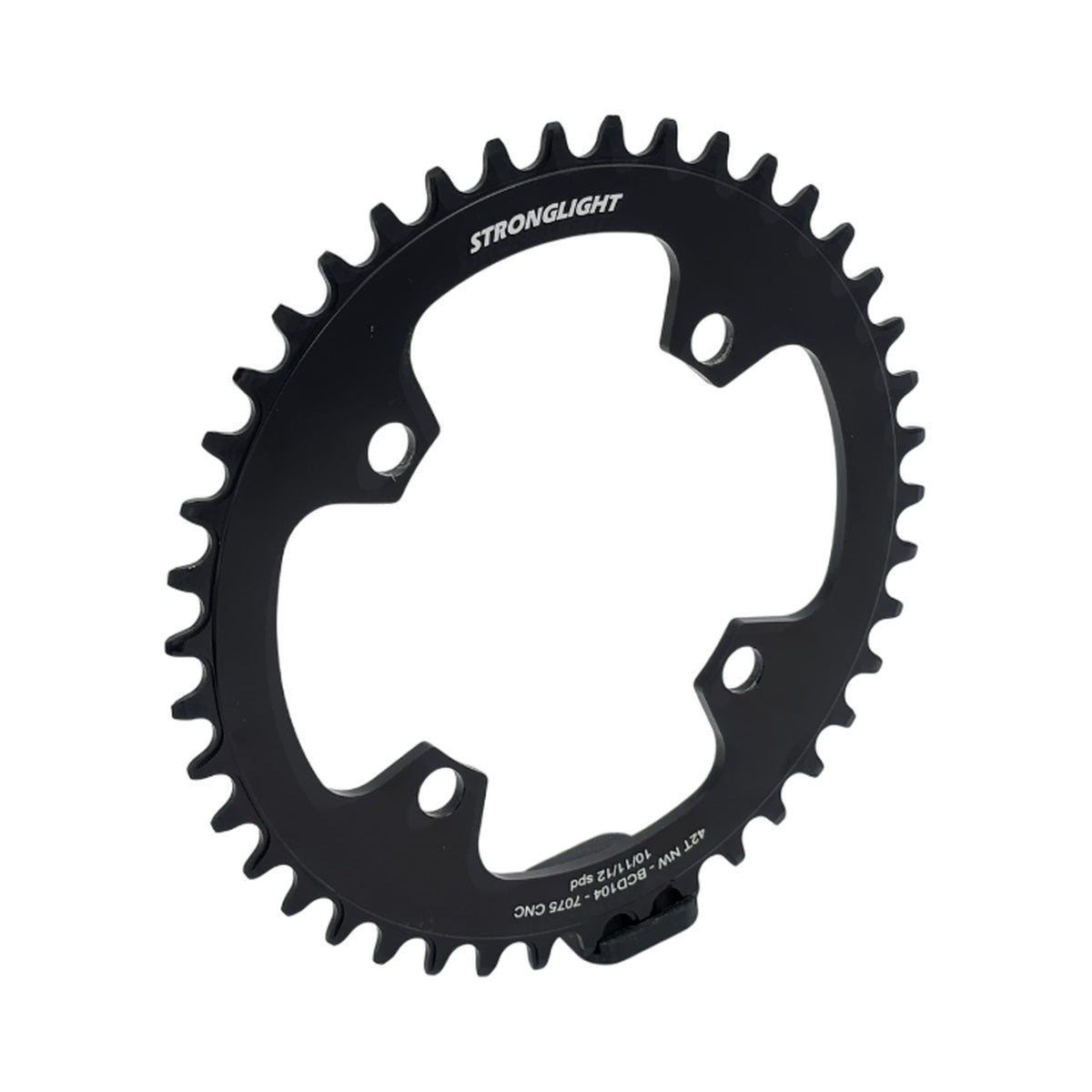 Corona monocorona 11/12 velocità STRONGLIGHT a 4 fori, 104 mm, alluminio 7075 — vista della corona su sfondo bianco
