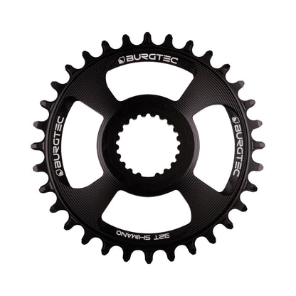 Corona monocorona BURGTEC THICK THIN 12 velocità Shimano a montaggio diretto, nera — vista della corona su sfondo bianco
