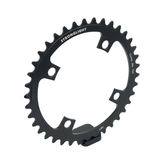 Corona monocorona STRONGLIGHT BOSCH GEN1/GEN3 1/8/9/10 velocità, BCD 104 mm (Bosch, Shimano, Yamaha, Bafang, Brose…), in acciaio — vista della corona su sfondo bianco