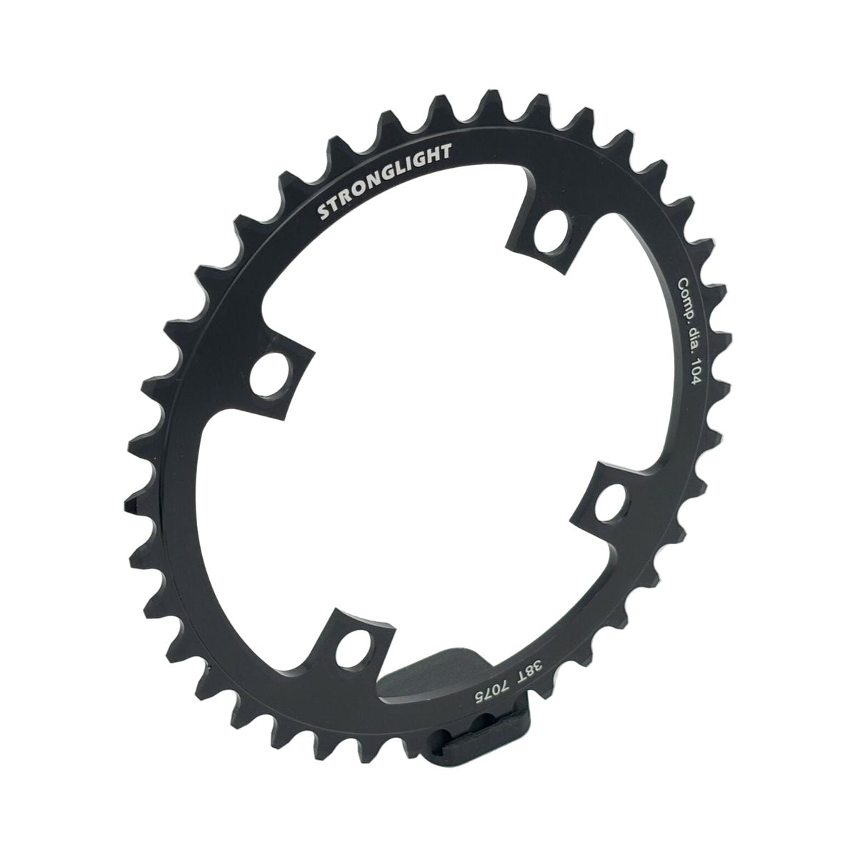 Corona monocorona STRONGLIGHT BOSCH GEN1/GEN3 1/8/9/10 velocità, BCD 104 mm (Bosch, Shimano, Yamaha, Bafang, Brose…), in alluminio — vista della corona su sfondo bianco