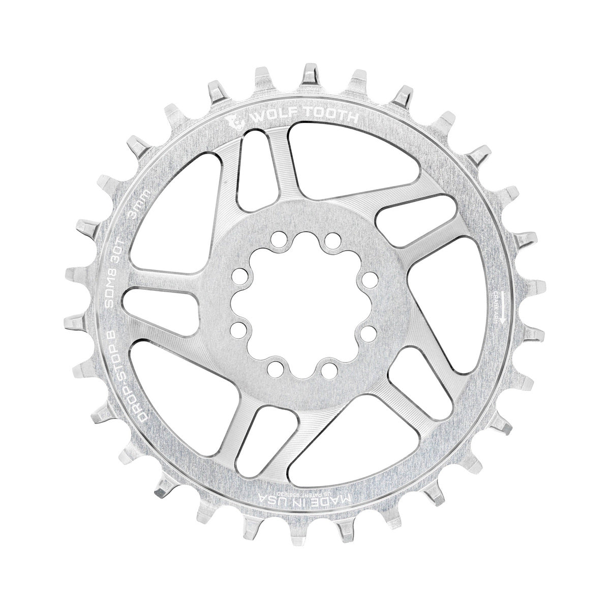 Corona monocorona WOLF TOOTH DROP-STOP B a montaggio diretto con 8 viti, SRAM Eagle Boost, disassamento 0 mm, argento grezzo — vista della corona su sfondo bianco