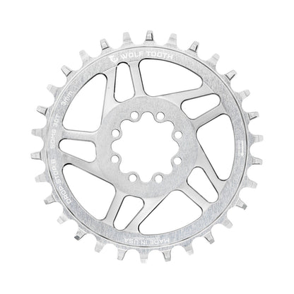 Corona monocorona WOLF TOOTH DROP-STOP B a montaggio diretto con 8 viti, SRAM Eagle Boost, disassamento 0 mm, argento grezzo — vista della corona su sfondo bianco