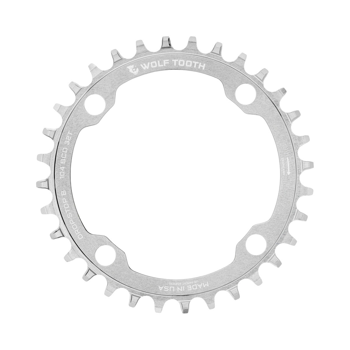Corona monocorona WOLF TOOTH DROP-STOP B 104 mm argento grezzo — vista della corona su sfondo bianco