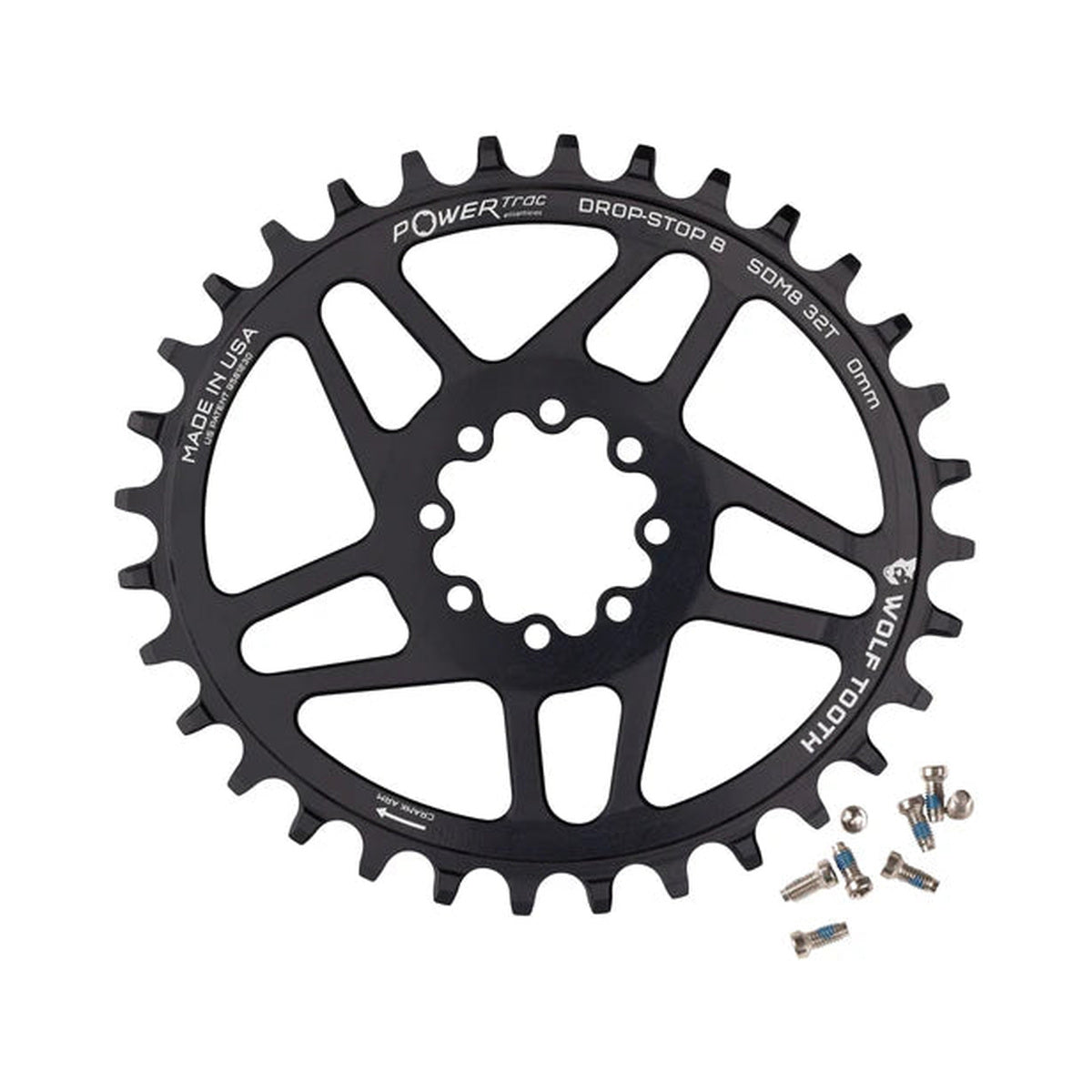 Corona monocorona ovale WOLF TOOTH 12 velocità SRAM a montaggio diretto con 8 viti, disassamento 3 mm — vista della corona su sfondo bianco