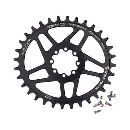 Corona monocorona ovale WOLF TOOTH 12 velocità SRAM a montaggio diretto con 8 viti, disassamento 3 mm — vista della corona su sfondo bianco