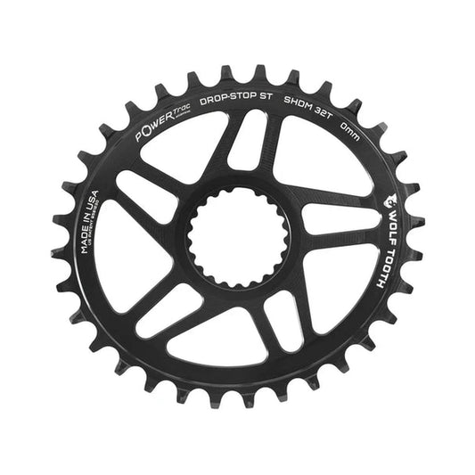 Corona monocorona ovale WOLF TOOTH 12 velocità SHIMANO a montaggio diretto, disassamento 0 mm — vista della corona su sfondo bianco