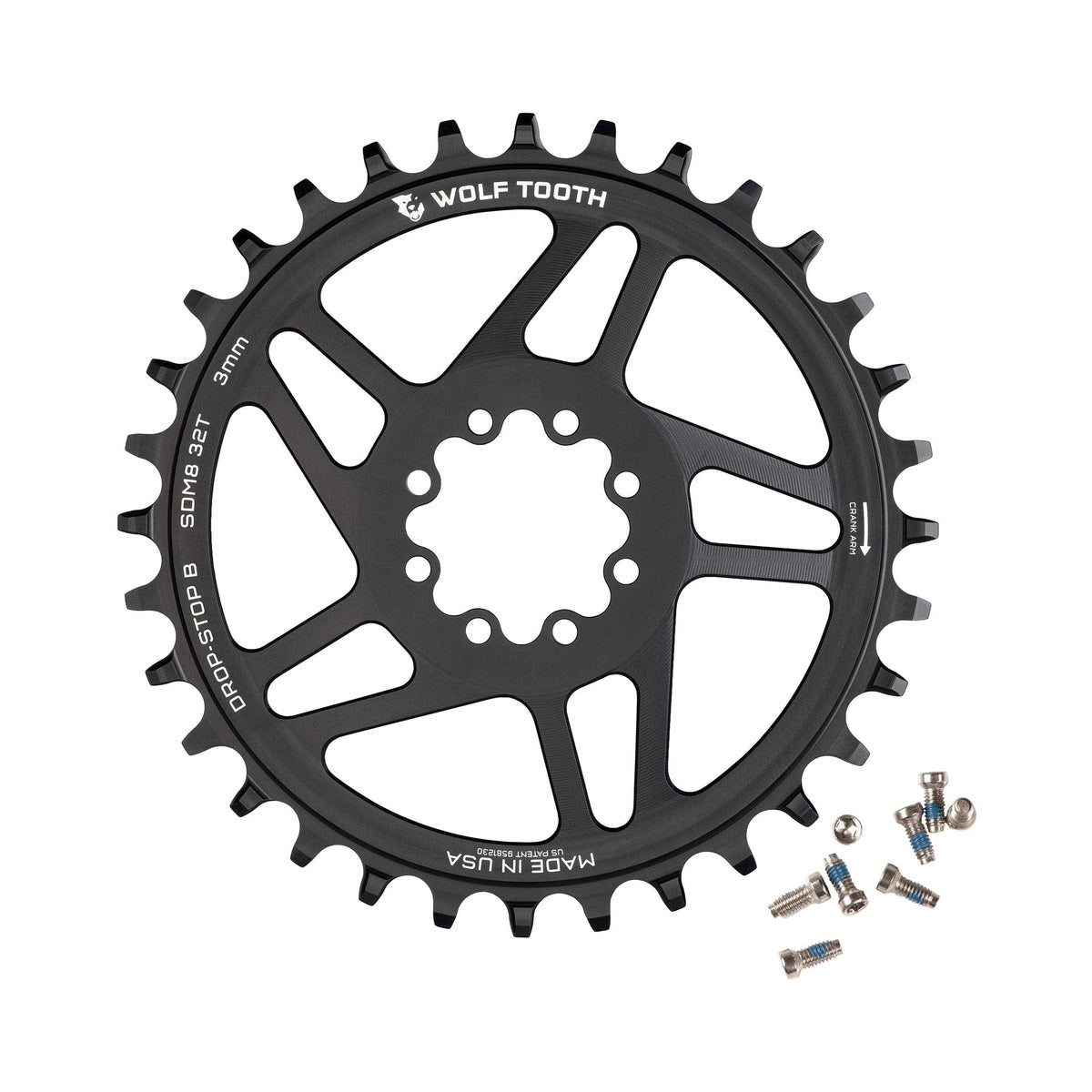 Corona monocorona WOLF TOOTH 12V SRAM Direct Mount a 8 viti con offset di 3 mm — vista della corona su sfondo bianco