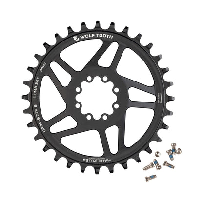Corona monocorona WOLF TOOTH 12V SRAM Direct Mount a 8 viti con offset di 3 mm — vista della corona su sfondo bianco