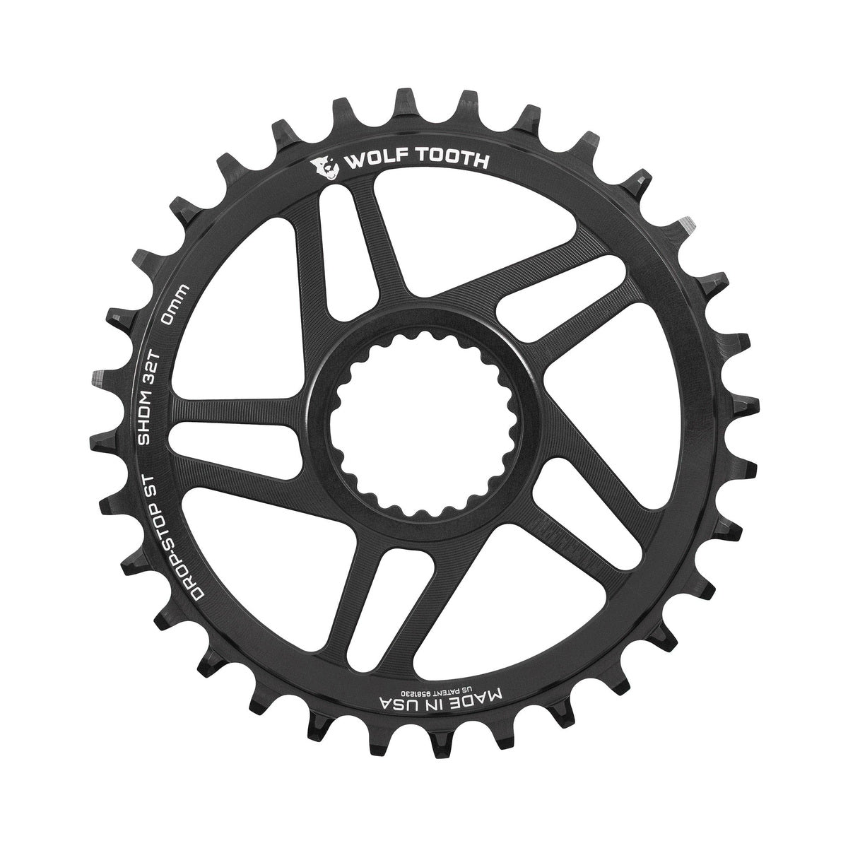 Corona monocorona WOLF TOOTH 12 velocità SHIMANO a montaggio diretto, disassamento 0 mm — vista della corona su sfondo bianco