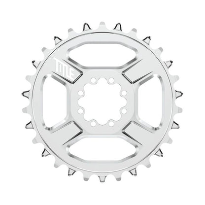 Corona TITLE CR1 12 velocità SHIMANO a montaggio diretto con 8 viti, cromata — vista della corona su sfondo bianco