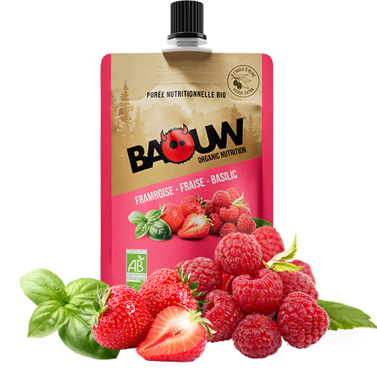 Ricetta purea energetica biologica BAOUW con frutti di lampone/fragola/basilico (90g)