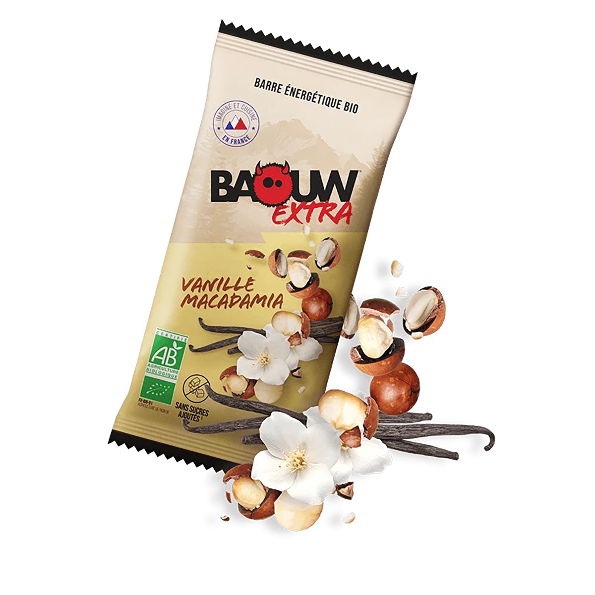 Barretta energetica BAOUW BIO EXTRA alla vaniglia e macadamia (50g)