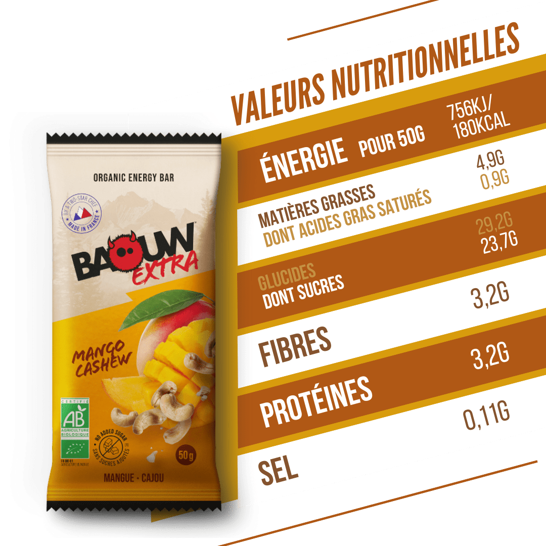BAOUW ORGANIC EXTRA Barretta energetica al mango e anacardi (50 g)