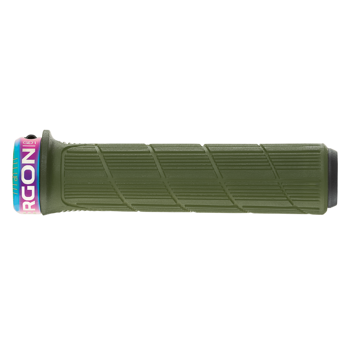 Manopole ERGON GD1 EVO Slim Factory verde muschio ghiacciato con collarini Oil Slick - dettaglio