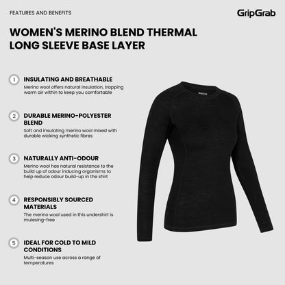 Maglia intima a maniche lunghe da donna GRIPGRAB MERINO BLEND THERMAL nera