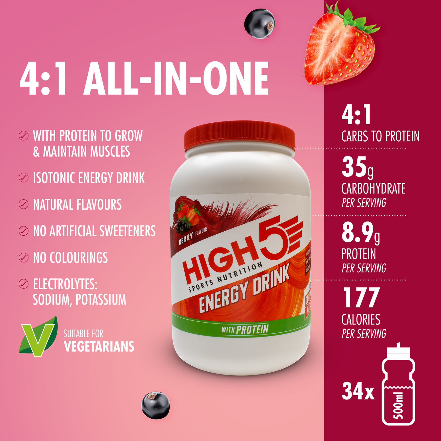 Bevanda energetica High5 ENERGY DRINK PROTEIN (1,6 kg) Frutti rossi