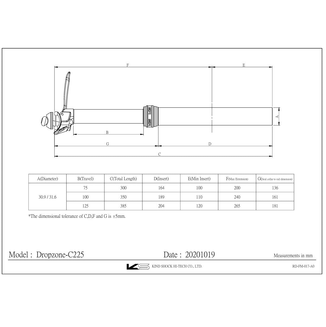 Reggisella telescopico KS KIND SHOCK DROPZONE da 125 mm