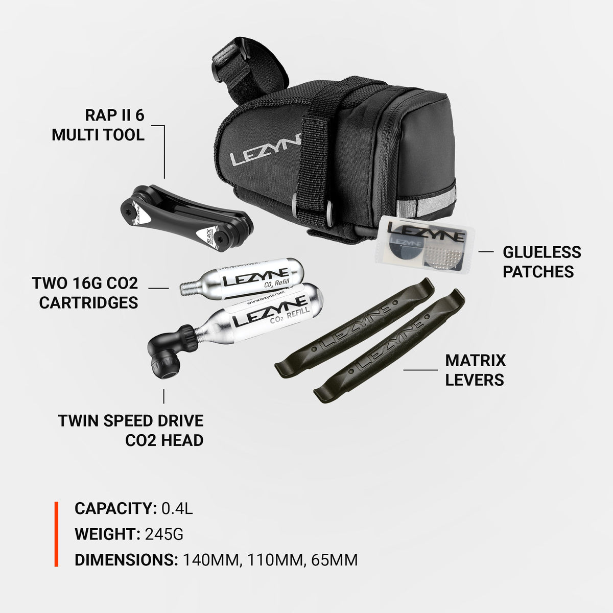 Borsa sottosella LEZYNE Caddy nera con kit CO2
