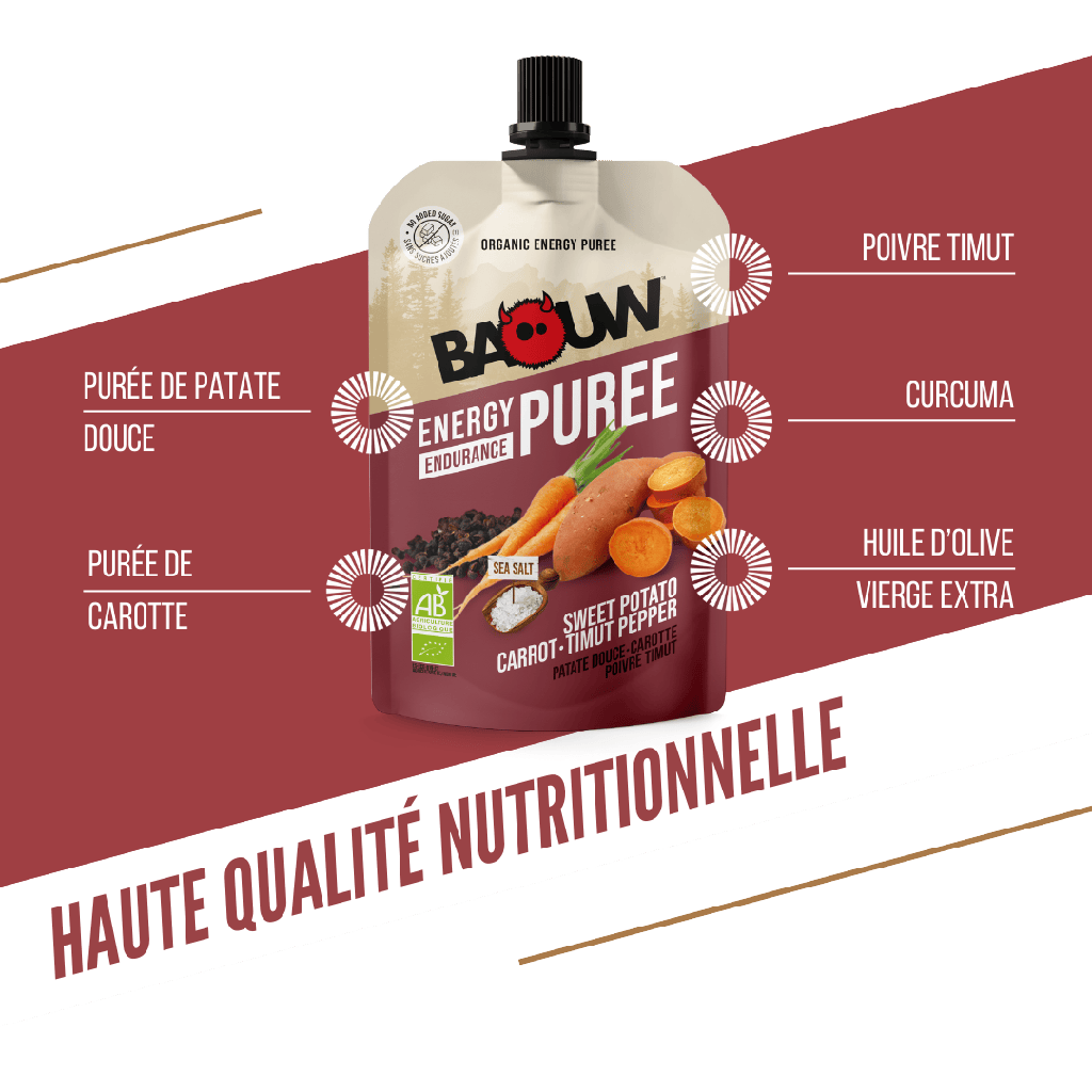 Ricetta gustosa per purea energetica biologica BAOUW di patate dolci/carota/peperone (90 g)