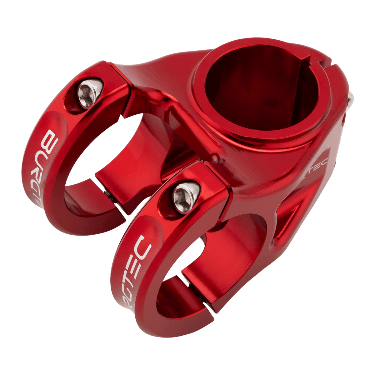 Attacco manubrio BURGTEC ENDURO MK3 rosso — vista dall’alto a tre quarti