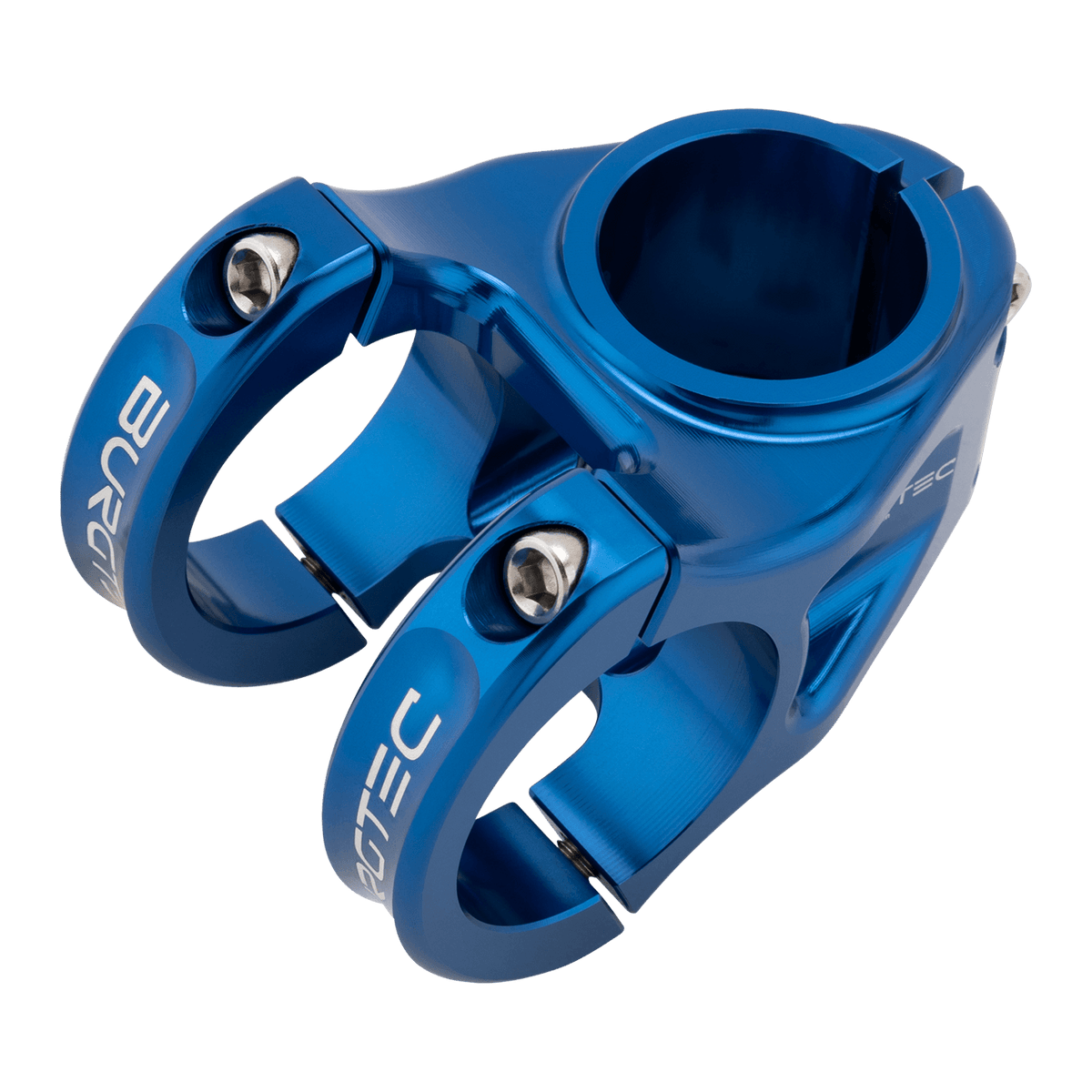 Attacco manubrio BURGTEC ENDURO MK3 blu — vista dall’alto a tre quarti