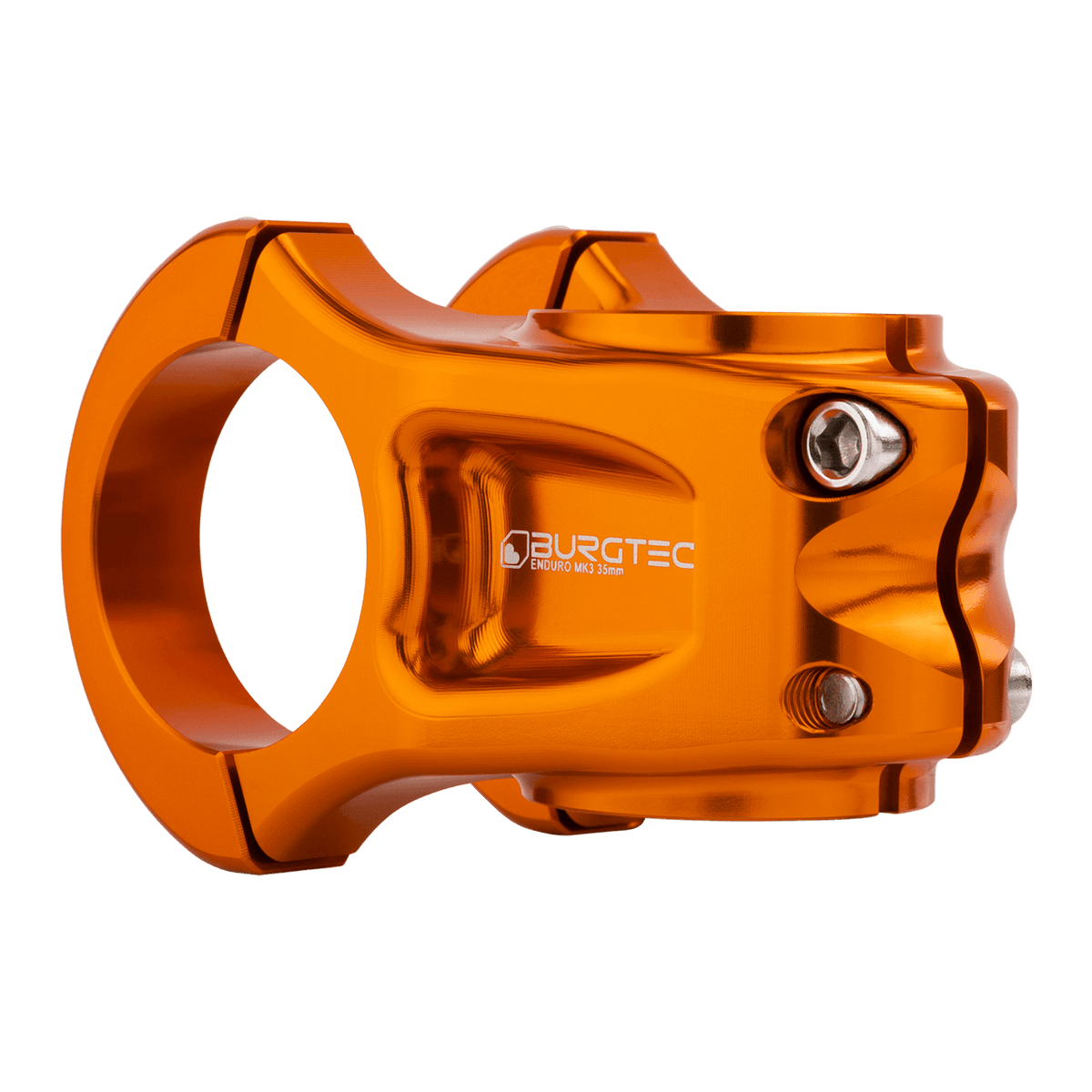 Attacco manubrio BURGTEC ENDURO MK3 arancione — vista posteriore a tre quarti