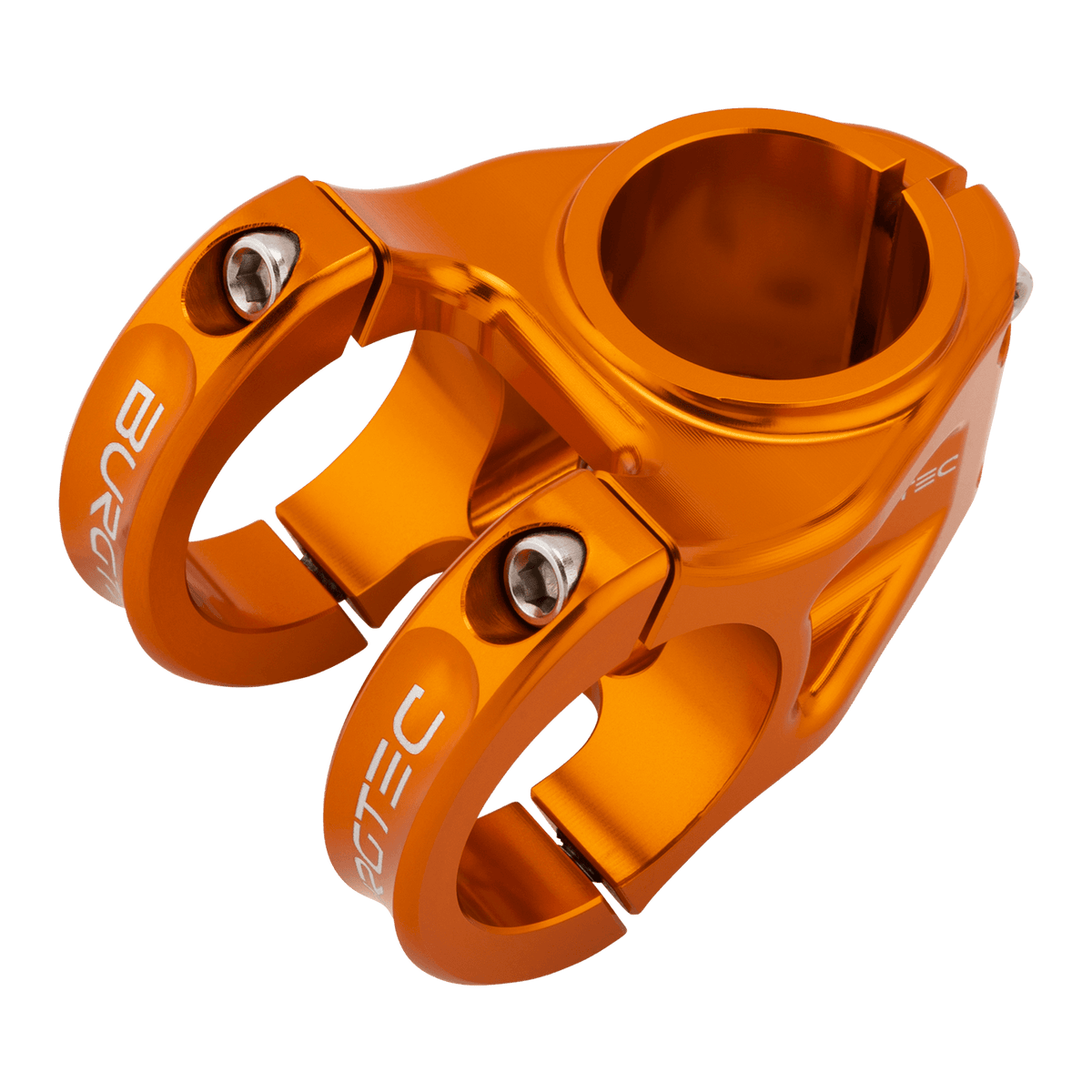 Attacco manubrio BURGTEC ENDURO MK3 arancione — vista dall’alto a tre quarti