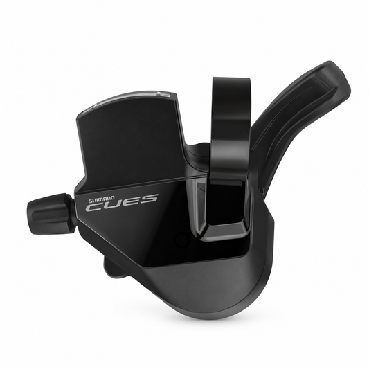 Comando cambio sinistro SHIMANO CUES SL-U6000-L a 2 velocità con indicatore di marcia — vista del prodotto su sfondo bianco