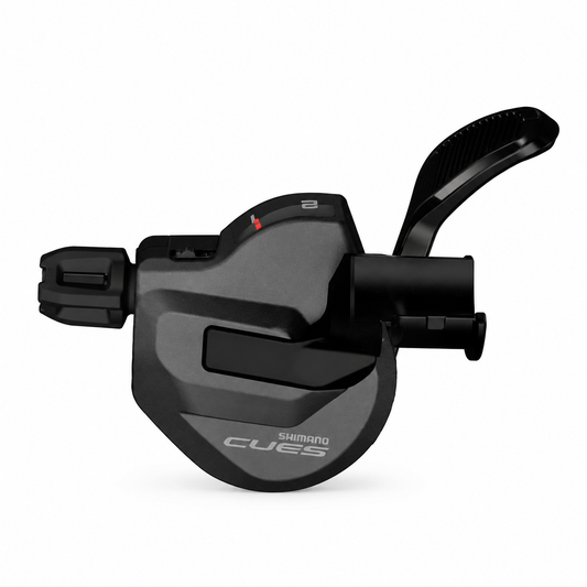 Comando cambio sinistro SHIMANO CUES SL-U8000-IL a 2 velocità con indicatore di marcia — vista del prodotto su sfondo bianco