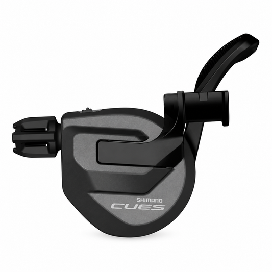 Comando cambio sinistro SHIMANO CUES SL-U8000-IL a 2 velocità senza indicatore di marcia — vista del prodotto su sfondo bianco
