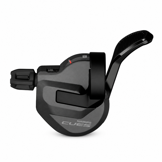 Comando cambio sinistro SHIMANO CUES SL-U8000-L 2V con indicatore di marcia — vista del prodotto su sfondo bianco