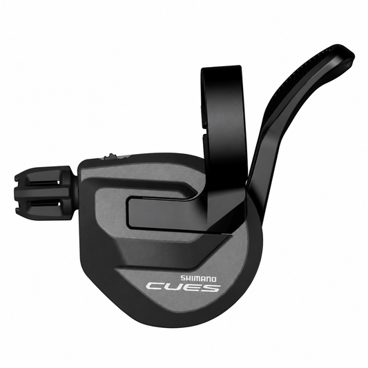Comando cambio sinistro SHIMANO CUES SL-U8000-L a 2 velocità senza indicatore di marcia — vista del prodotto su sfondo bianco