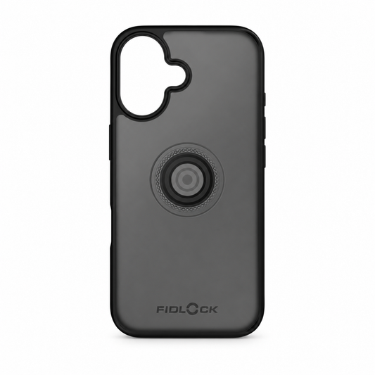 Custodia FIDLOCK VACUUM per iPhone 16 nera — prodotto su sfondo bianco