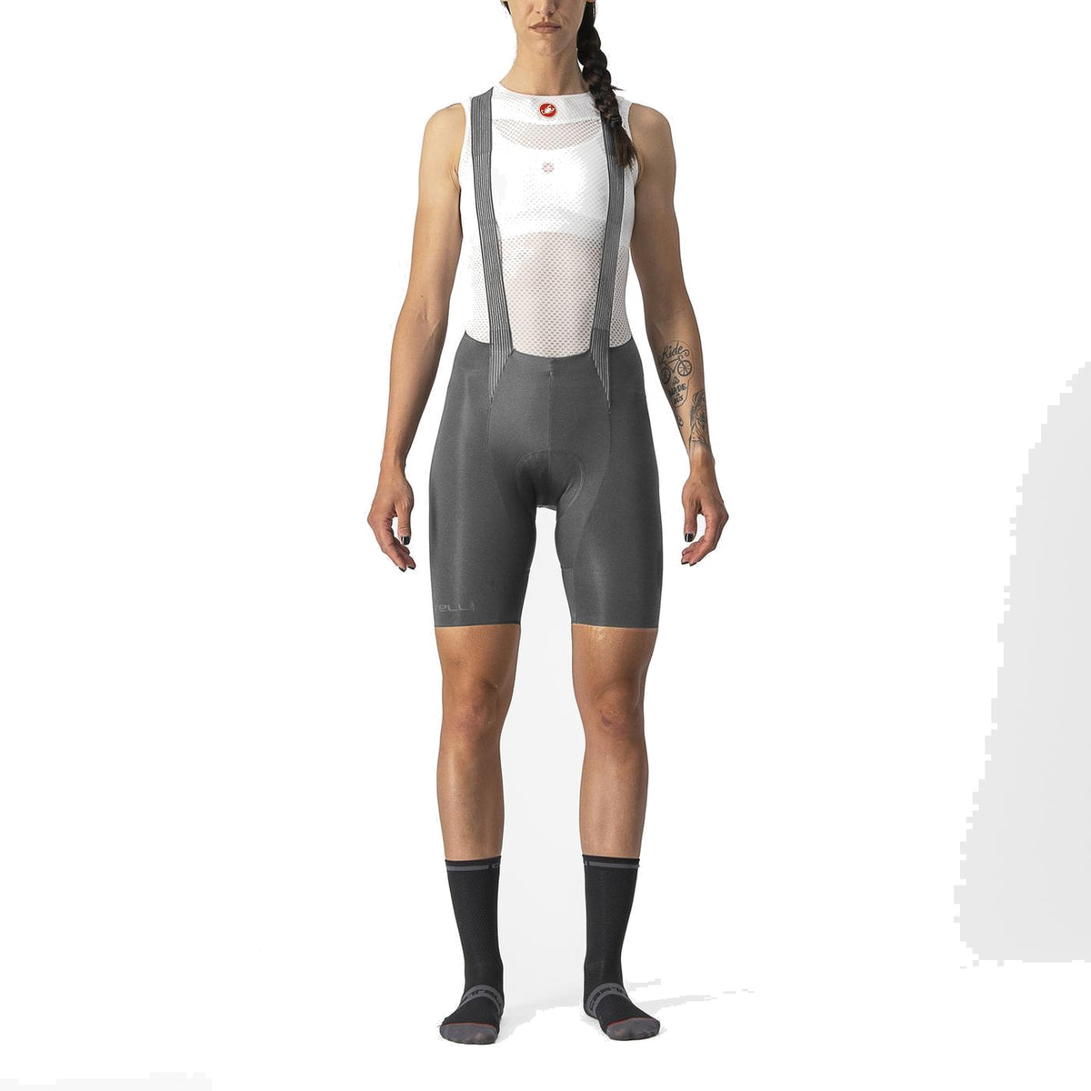 Pantaloncini da ciclismo con bretelle CASTELLI FREE AERO RC W da donna grigi — sfondo bianco, 2000 x 2000