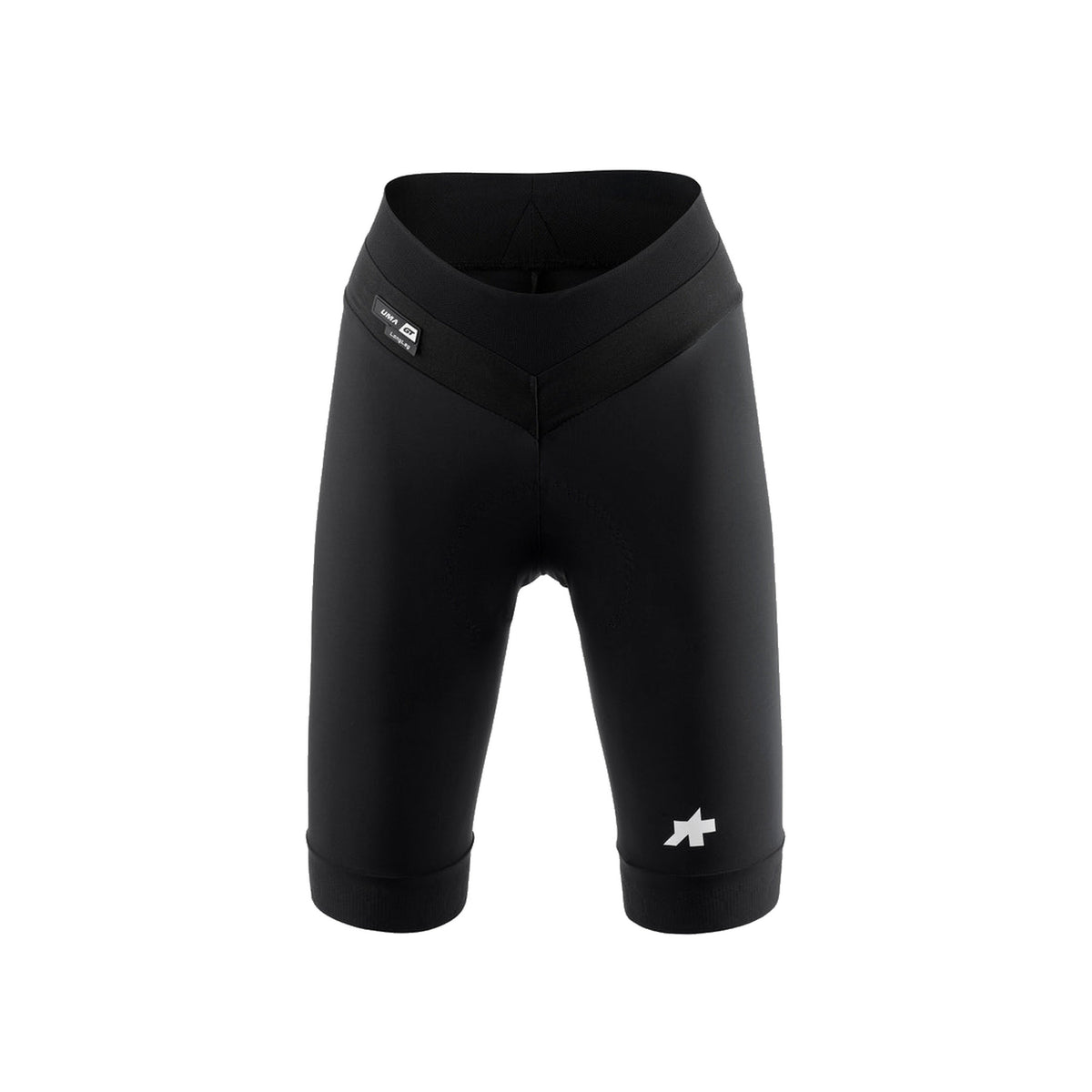 Pantaloncini da ciclismo corti da donna ASSOS UMA GT HALF S11 LONG neri — sfondo bianco, 2000 x 2000