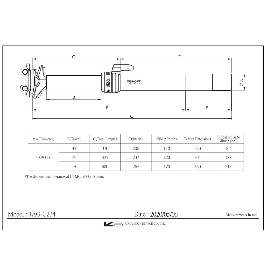 EXAFORM JAG Reggisella telescopico esterno da 100 mm con comando