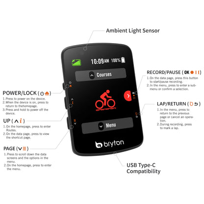 Ciclocomputer GPS BRYTON RIDER 550 E — panoramica dei pulsanti e delle connessioni