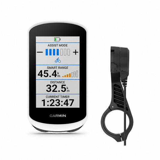 PACCHETTO GPS GARMIN EDGE EXPLORE 2 POWER con supporto alimentato — presentazione del pacchetto e dei suoi accessori su sfondo bianco