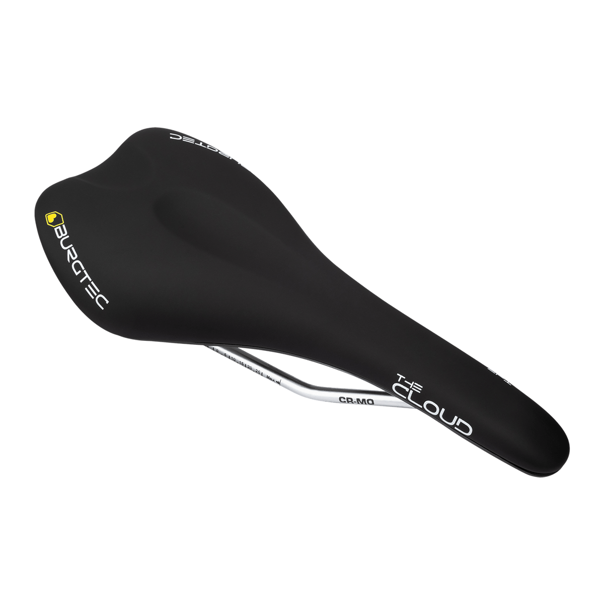 Sella BURGTEC THE CLOUD MK2 con binari in Cro-Mo nera — vista di tre quarti