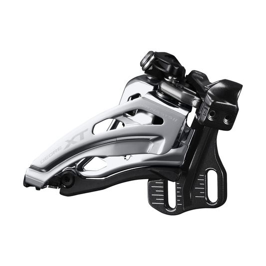 Deragliatore anteriore SHIMANO DEORE XT FD-M8020 2x11V tipo E — vista 1 su sfondo bianco