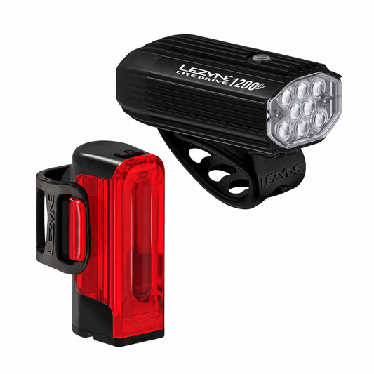 Luci anteriore e posteriore LEZYNE LITE DRIVE 1200+ / STRIP DRIVE PRO 400+ — vista del prodotto su sfondo bianco