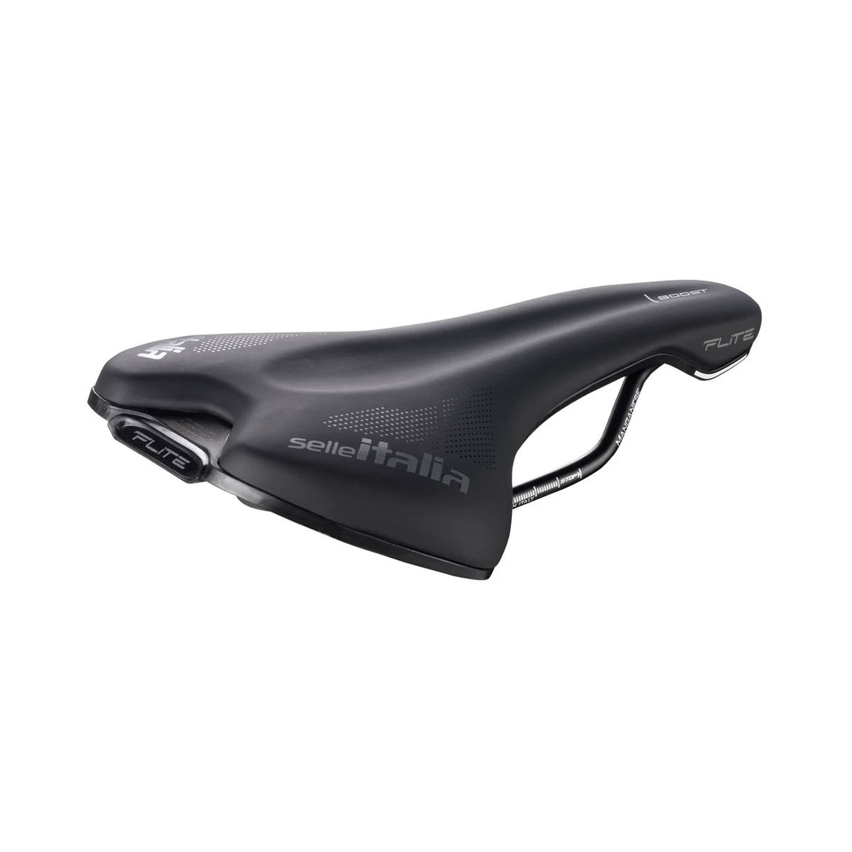 Sella SELLE ITALIA FLITE BOOST TM L con binari in manganese nera — vista di tre quarti
