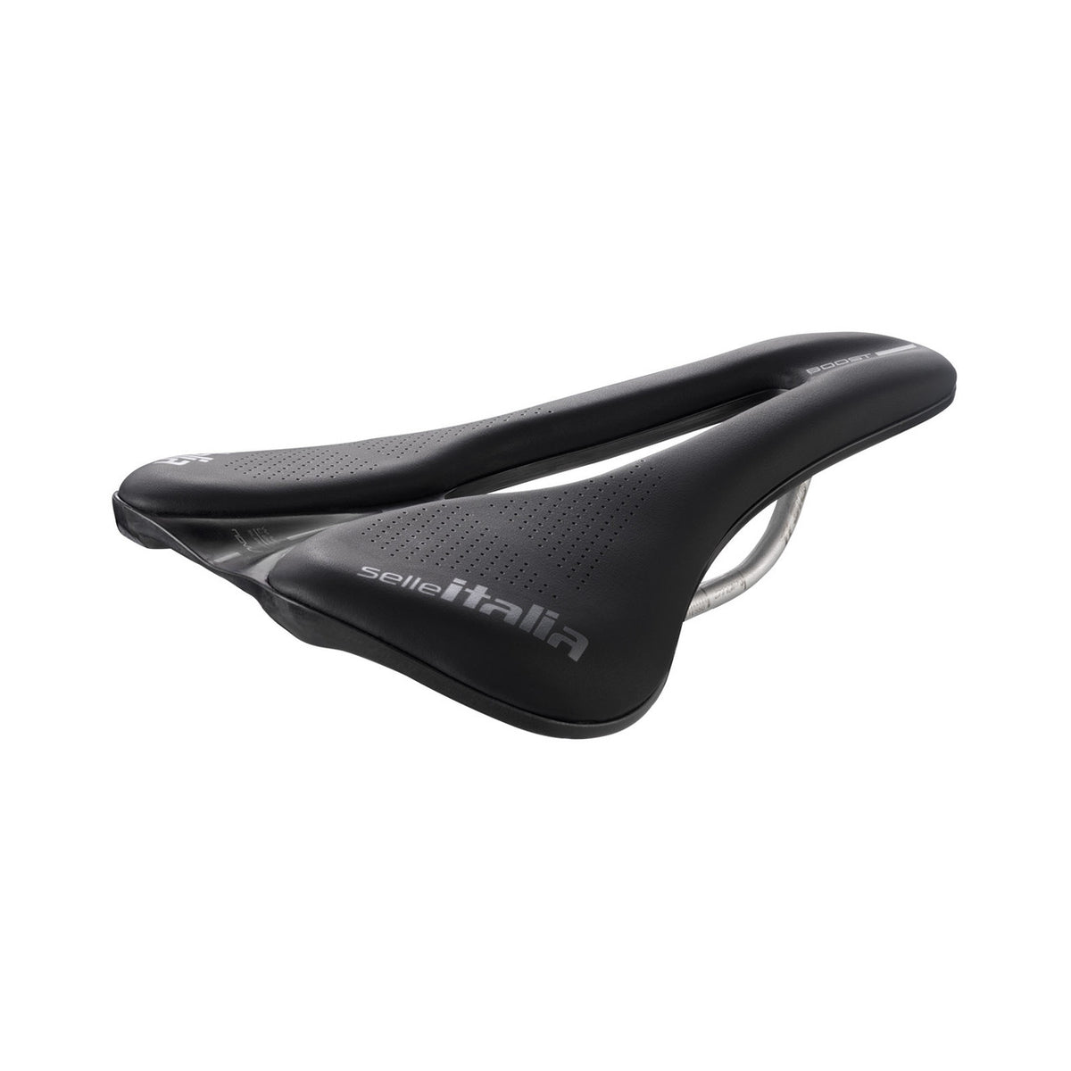 Sella SELLE ITALIA NOVUS EVO BOOST SUPERFLOW L con binari Ti316 nera/grigia — vista a tre quarti
