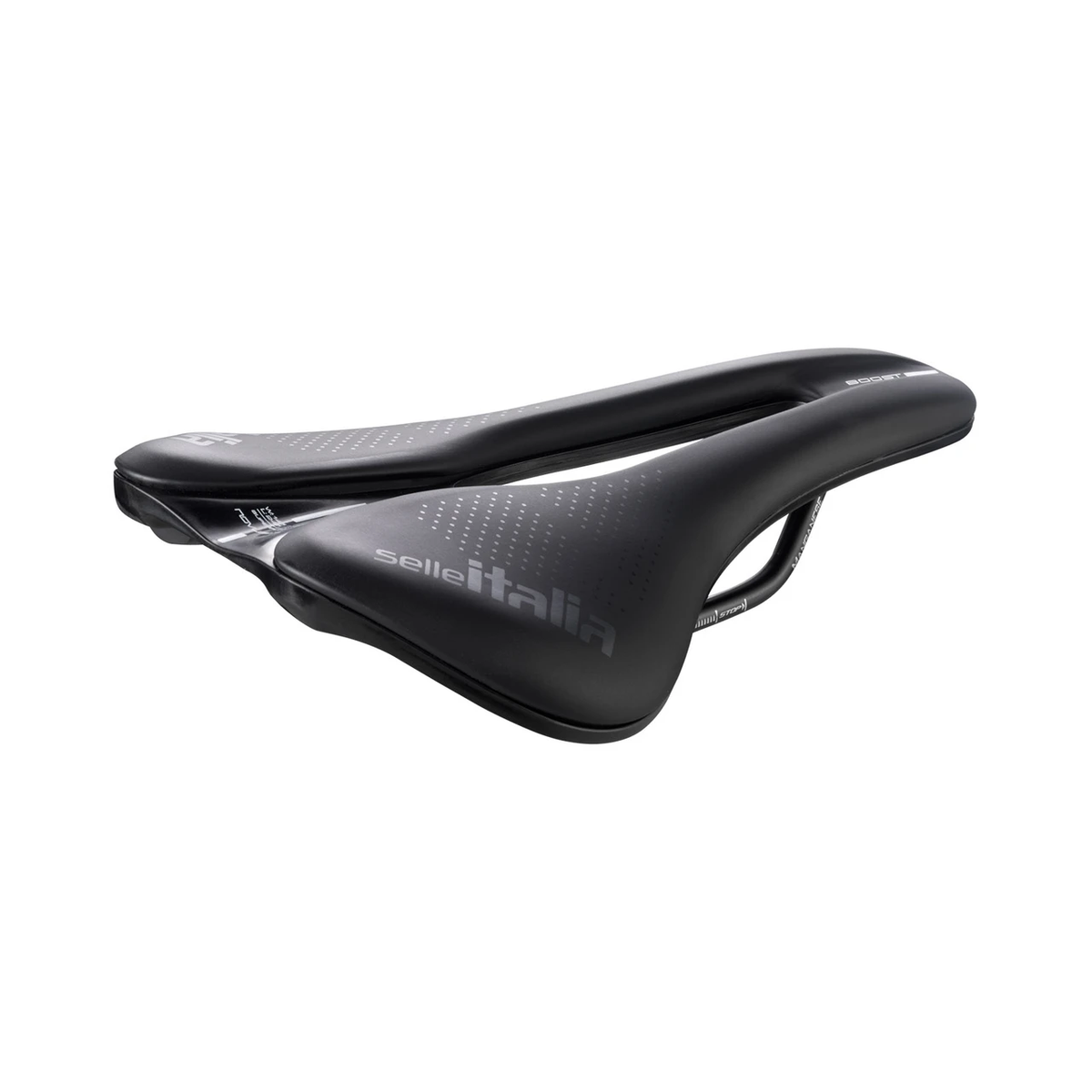 Sella SELLE ITALIA NOVUS EVO BOOST SUPERFLOW L con binari in manganese nera — vista di tre quarti