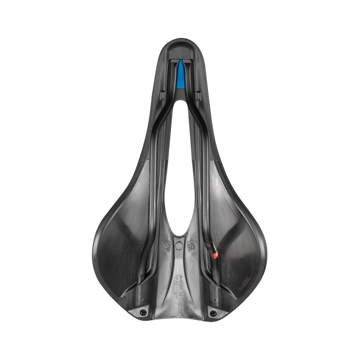 Sella SELLE ITALIA NOVUS EVO BOOST SUPERFLOW L con binari in manganese nera — vista dal basso