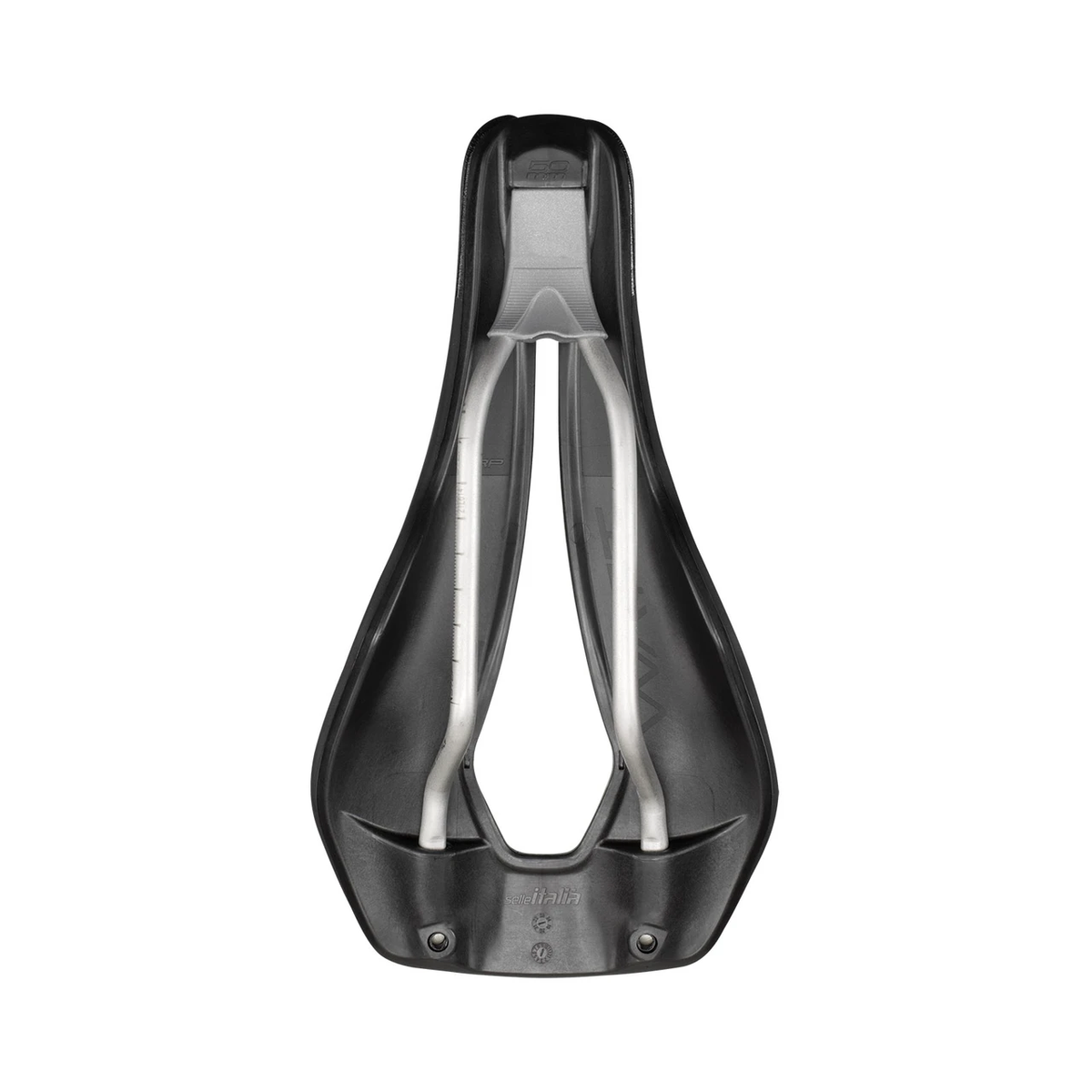 Sella SELLE ITALIA WATT GEL SUPERFLOW con binari Ti316 — vista dal basso e binari Ti316