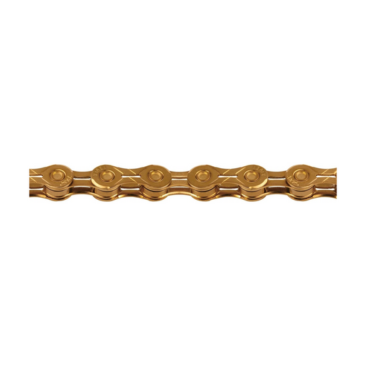 Catena KMC X10EL Ti-N a 10 velocità color oro — foto del prodotto su sfondo bianco
