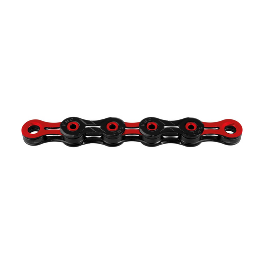 Catena KMC DLC10 a 10 velocità nera/rossa — foto del prodotto su sfondo bianco