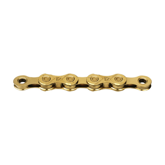 Catena KMC X12 Ti-N a 12 velocità cerata color oro — foto del prodotto su sfondo bianco