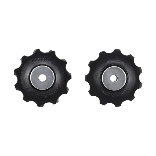 Pulegge del cambio posteriore a 10 velocità SHIMANO DEORE M6000 per gabbia lunga, nere — componente su sfondo bianco